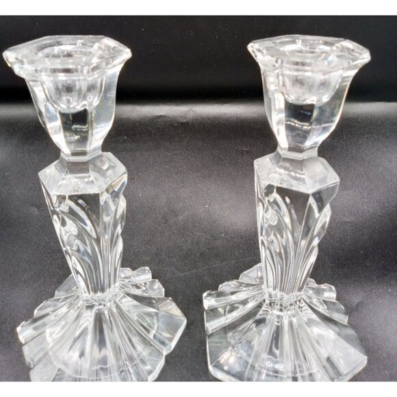 Candlestick Holders Clear 7 Inch Set 2 Elegant Design Vintage Glass Crystalline - Picture 3 of 14